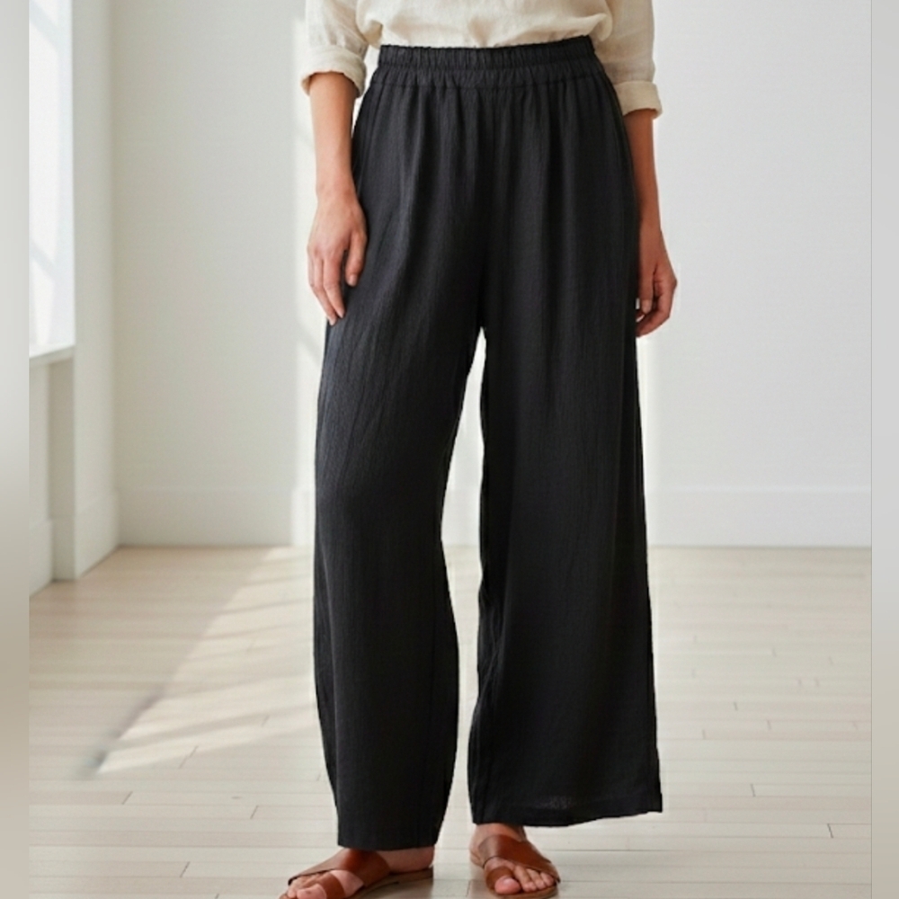 RUMER Black Camille Crinkle Cotton Wide Leg Trousers Pants NWT Medium